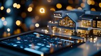 Modern smartphone displaying real estate app with miniature luxury houses and bokeh lights, creative digital technology concept for property market.