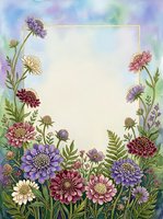 Watercolor floral frame with purple, pink, and burgundy wildflowers surrounding a blank center, golden border, soft pastel background for cards or invitations.