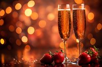 Two champagne flutes filled with sparkling wine and fresh strawberries against warm bokeh lights background creating romantic atmosphere for celebration or special occasion.