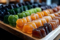 Assorted gummy candies arranged by color on wooden board, featuring green, orange, and dark red varieties with sugar coating, suitable for confectionery, food photography, and retail display purposes.