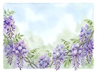 Watercolor wisteria flowers frame with purple blooms and green leaves on soft background for spring wedding invitations and botanical designs.