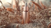 Rose gold serum dropper bottle on dried flowers background in warm brown tones, luxury cosmetic packaging mockup for skincare and beauty products.