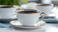 White porcelain coffee cup with gold trim on saucer filled with dark coffee, selective focus on foreground cup against blurred background setting.