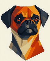 Geometric low poly pug dog portrait in orange and navy blue colors on beige background. Modern polygonal pet art style with angular shapes and clean lines.