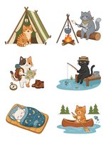 Cartoon cats camping outdoors in various activities including tent camping, cooking, fishing, canoeing, and sleeping under stars. Isolated clipart set for children's designs.