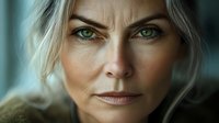 Mature woman with long platinum blonde hair and striking green eyes, displaying a serious, determined expression. Suitable for corporate, professional, and editorial use.