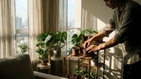 Young man watering houseplants by sunny window with city view. Indoor gardening hobby and plant care routine in modern apartment living space.