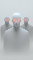 Mysterious white humanoid figures with glowing red eyes emerging from fog, creating an eerie supernatural atmosphere. Artistic concept for sci-fi and horror designs.