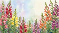 Watercolor snapdragon flowers in pink, red, yellow, and purple bloom against a soft pastel background, creating a vibrant garden scene.