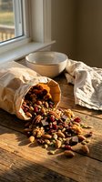 Mixed nuts, dried fruits and chocolate spilling from paper bag on rustic wooden table near window with warm natural light for healthy snacking concepts.