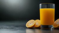 Fresh orange juice in glass with cut citrus fruits on dark background, dramatic lighting creates appetizing mood for healthy beverage photography.