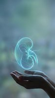 Glowing holographic kidney floating above an open hand, symbolizing organ health, donation, and medical innovation with futuristic blue light.