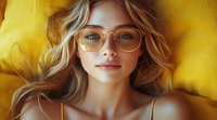 Young Caucasian woman with blonde wavy hair wearing stylish glasses smiles softly against yellow background, natural beauty portrait in warm golden lighting.