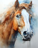 Expressive watercolor portrait of chestnut horse with white blaze, featuring soft blue background and dynamic brushstrokes creating artistic splatter effect.