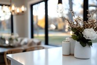 Minimalist kitchen counter with white ceramic vase, dried flowers and decorative jars against blurred window background with warm pendant lights creating cozy atmosphere.