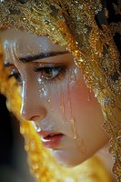 Close-up profile of young woman with water drops and gold glitter makeup on face against dark background, dramatic lighting creates mystical atmosphere.