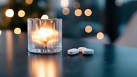Glowing candle in glass holder with white pills on dark surface against blurred bokeh lights background creates moody atmospheric composition.