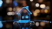 Glowing blue neon house icon on reflective black surface with blurred bokeh background creates modern real estate technology concept.