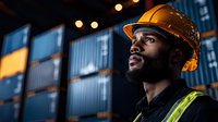 African American male construction worker in safety helmet and reflective vest looking up confidently at industrial site with shipping containers and bokeh lights in background.