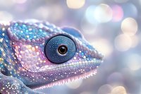 Close up macro shot of chameleon eye and scaly skin in pastel blue and pink colors against blurred bokeh background with soft glowing lights.