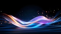 Glowing wavy lines with sparkles flow across dark background in blue, purple and orange colors creating dynamic abstract light effect.