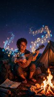 Young male musician playing acoustic guitar by campfire under starry night sky with glowing musical notes floating in air creating magical atmosphere for camping adventures.