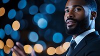 Confident African American businessman in formal suit against blurred bokeh lights background, representing success and leadership in corporate world.