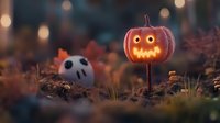 Glowing carved pumpkin lantern and ghost decoration in autumn garden setting with bokeh lights creating spooky Halloween atmosphere at dusk.
