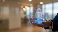 Businessman holding digital security lock hologram in hands representing cybersecurity protection and data privacy in modern office environment.