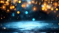 Magical night scene with glowing golden string lights and blue bokeh over misty water surface creating dreamy atmosphere. Festive holiday background.