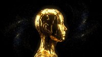 Golden metallic human head sculpture in profile on dark background with glowing particles, symbolizing AI, futurism, and digital intelligence.