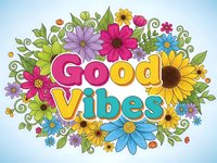 Good Vibes colorful floral typography design with vibrant flowers and leaves on light blue background for positive motivation and wellness concepts.