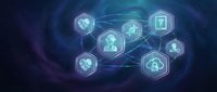 Digital healthcare network with medical icons connected by glowing lines on dark blue background for telemedicine and health technology applications.