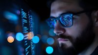 Young bearded male programmer in glasses looking at glowing digital code display with blue bokeh lights reflecting in dark workspace environment.