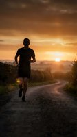 Male athlete jogging on rural road at golden hour sunset, silhouetted against warm sky. Fitness, training, and outdoor exercise concept for wellness and healthy lifestyle campaigns.
