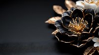 Luxurious black and gold metal flower with delicate petals and stamens on dark background, elegant floral art piece for luxury design and decoration.
