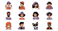 Young diverse characters wearing headphones and hats in colorful casual outfits. Isolated clipart collection suitable for music, youth culture, fashion and lifestyle design projects.