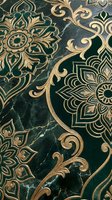 Luxury ornate mandala pattern with golden baroque flourishes on dark green marble texture for elegant interior design and decorative applications.