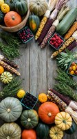 Autumn harvest vegetables and fruits arranged on rustic wooden background with pumpkins, corn, cranberries and herbs for seasonal cooking and decoration.