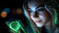 Young woman with glowing green magical potion in glass bottle surrounded by sparkling particles against dark background, fantasy portrait with ethereal lighting effects.