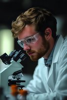 Young male scientist with beard examining samples through microscope in modern laboratory wearing safety glasses and white lab coat for research work.