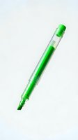 Bright green highlighter pen with transparent barrel and cap isolated on white background, ready for design use on marketing materials, stationery designs, and educational graphics.
