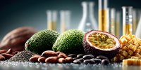 Tropical fruits, nuts, and seeds arranged with laboratory glassware in background, showcasing natural ingredients for scientific food research.