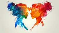 Colorful watercolor silhouettes of couple facing each other with heart shape between them, symbolizing love and connection on light background.