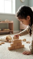Young girl with dark hair building wooden block tower on carpet in bright playroom with natural light from window.