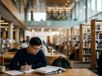 Young male student of South Asian descent wearing glasses and dark blue sweater, focused on writing in notebook at wooden desk in modern library with bookshelves and natural light for educational content.