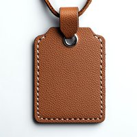 Brown leather tag with stitched edges and cord on white background, isolated accessory for design mockups and branding projects.