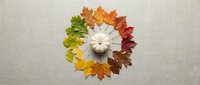 White pumpkin surrounded by colorful autumn leaves in circular arrangement on neutral background for seasonal decoration and harvest themes.