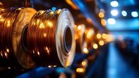 Glowing copper wire spool with warm orange lights and blue bokeh background creates industrial technological mood for electronics and manufacturing concepts.