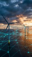 Offshore wind turbines connected by glowing digital network lines at sunset, representing renewable energy infrastructure and smart grid technology for sustainable power generation.